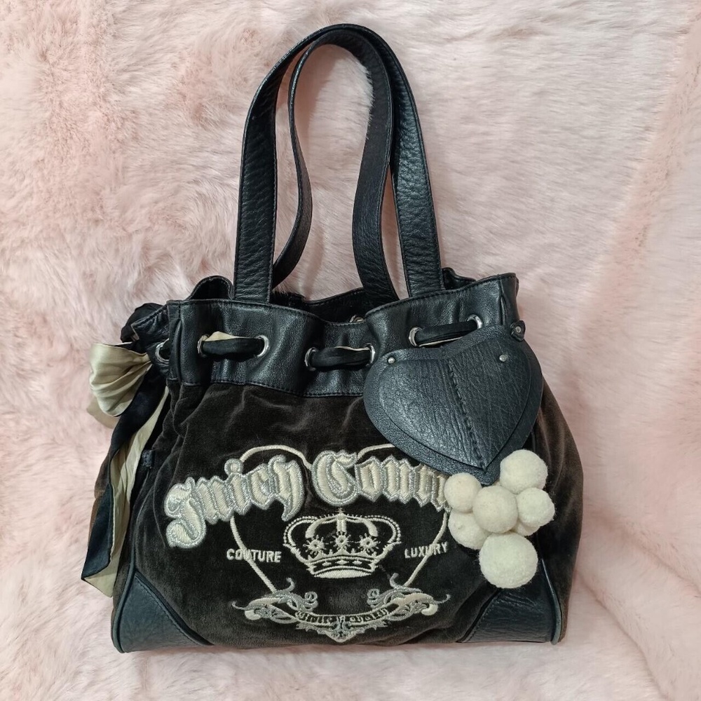 Vintage Juicy Couture Daydreamer Tote Bag Purse Bow Goth Heart Pompom Charm Logo